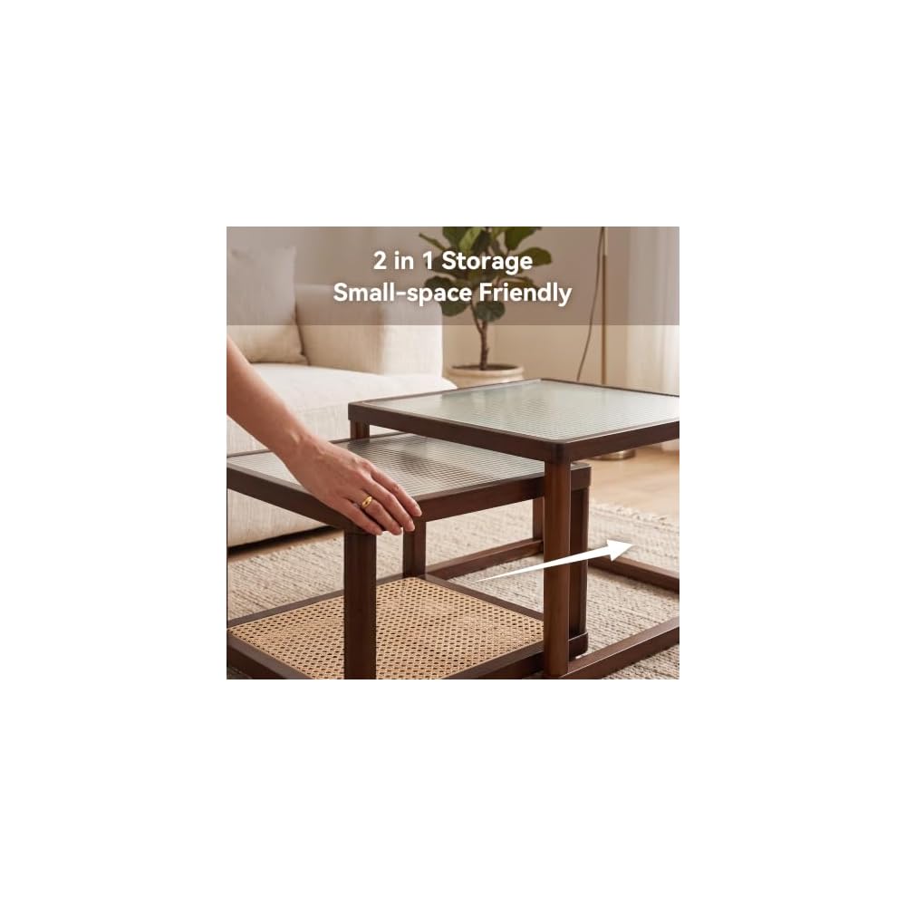 Nesting Coffee Table Set of 2, Mid-Century Modern Bamboo End Tables, Walnut