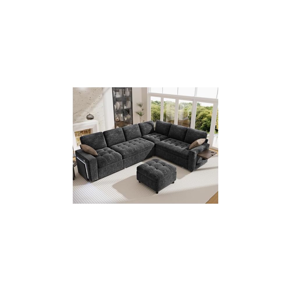 Vipbear 7 Seat L Shaped Modular Sectional Sleeper Sofa Bed with Ottoman/Pull Out Bed/Reclining Backrest/USB Ports/Table/LED Light/Storage Seat, Tool-Free Assembly, Chenille Black