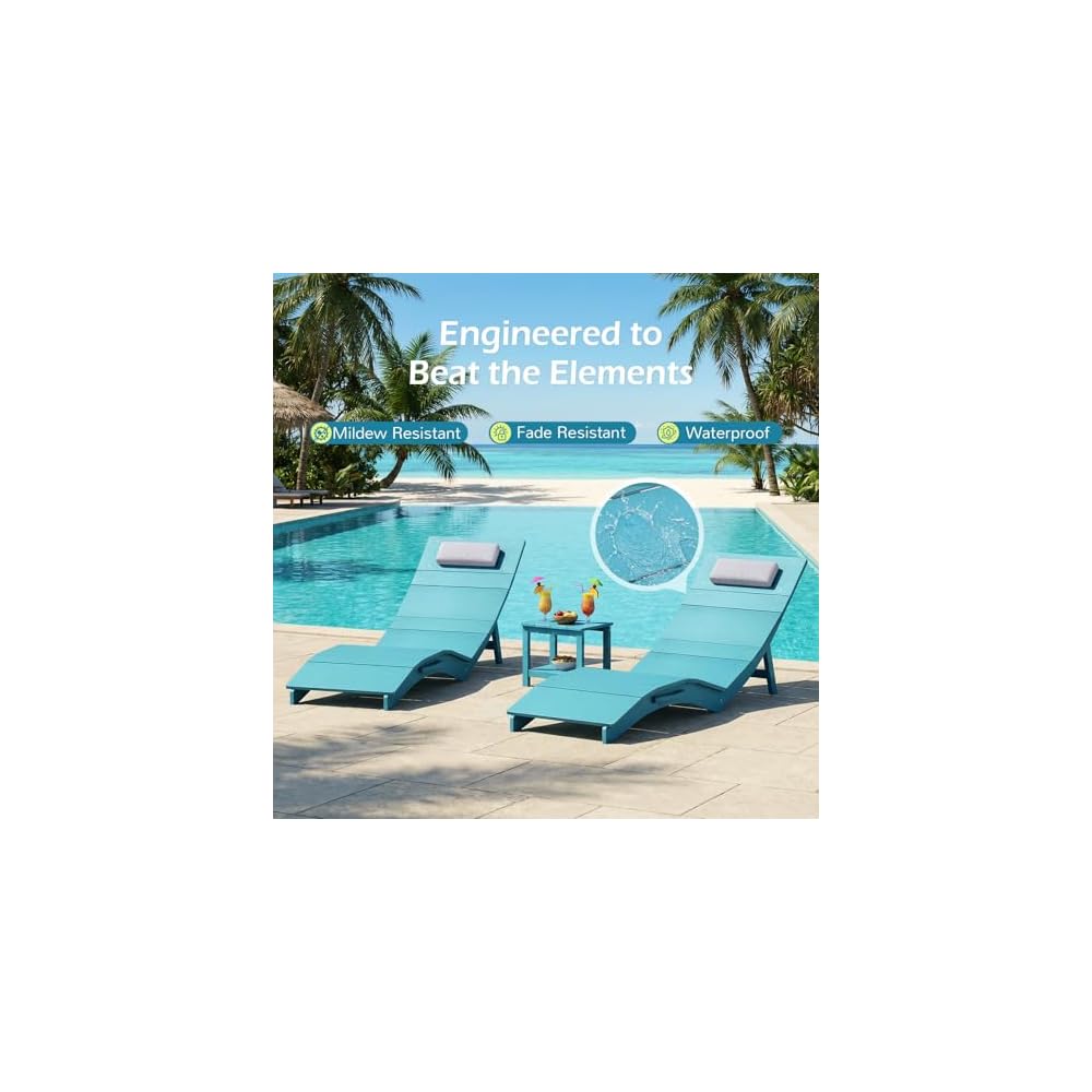 Stoog Folding Pool Chaise Lounge Chair, HIPS Anti-Floating Outdoor Recliner with Headrest, Heavy Duty Patio Furniture for Hotel, Beach & Sun Deck, Turquoise