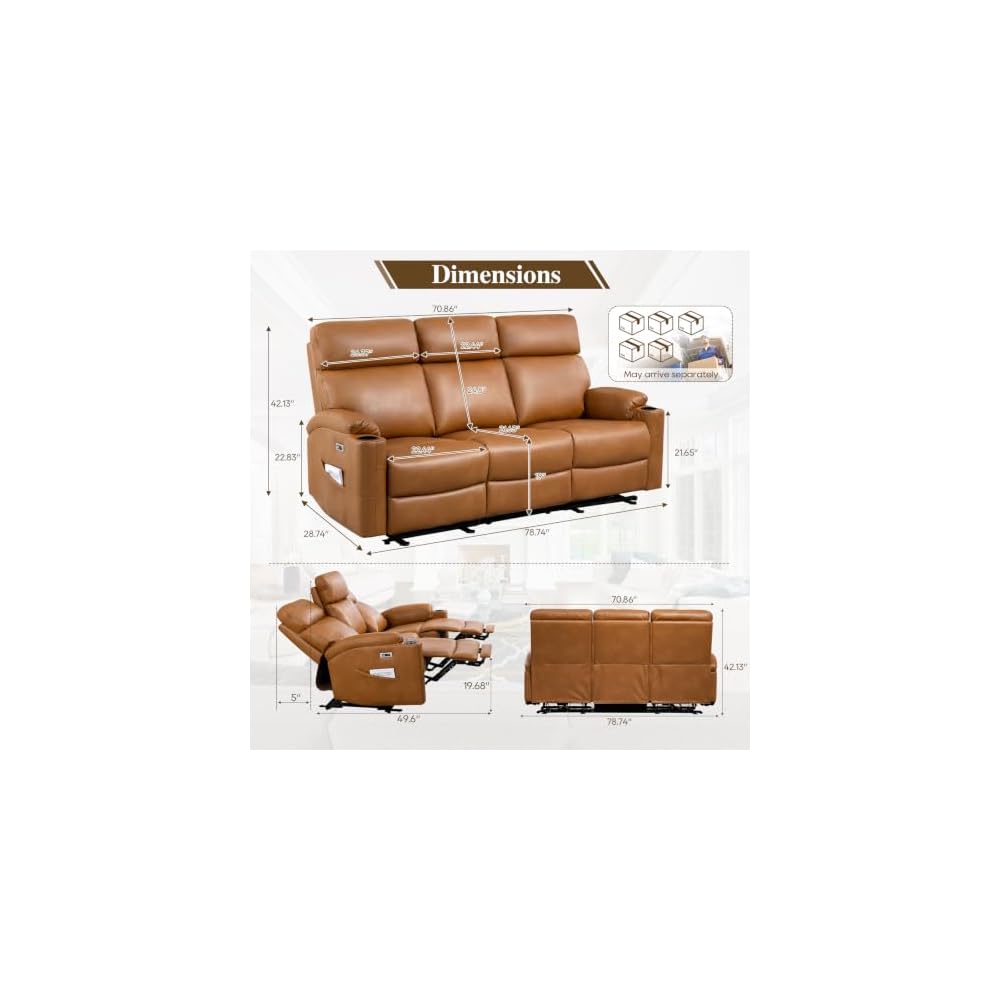 Power Reclining Sofa, 3-Seat Dual Electric Recliner Couch, Brown