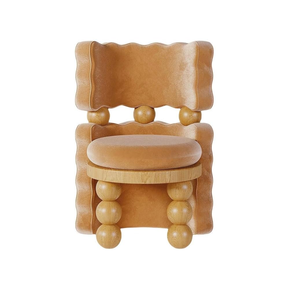 Tan Upholstered Accent Chair with Sculptural Wood Ball Legs and Curved Back
