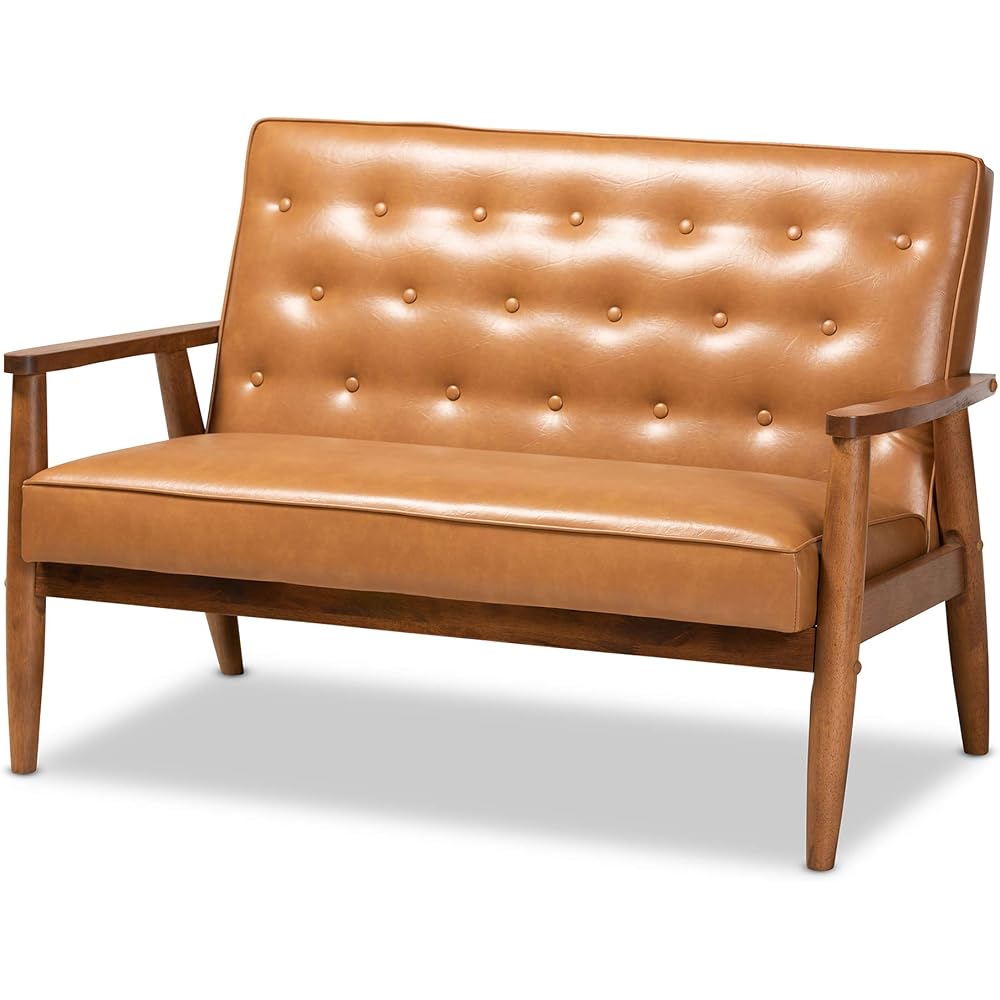 Baxton Studio Sorrento Mid-Century Modern Tan Faux Leather Upholstered and Walnut Brown Finished Wood Loveseat