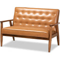 Baxton Studio Sorrento Mid-Century Modern Tan Faux Leather Upholstered and Walnut Brown Finished Wood Loveseat