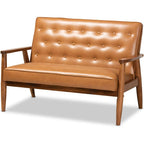 Baxton Studio Sorrento Mid-Century Modern Tan Faux Leather Upholstered and Walnut Brown Finished Wood Loveseat