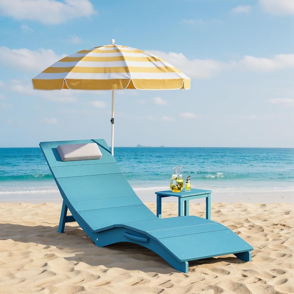 Stoog Folding Pool Chaise Lounge Chair, HIPS Anti-Floating Outdoor Recliner with Headrest, Heavy Duty Patio Furniture for Hotel, Beach & Sun Deck, Turquoise