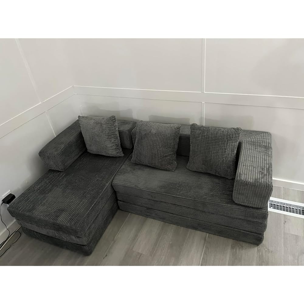 Boneless Couch, L Shaped Couch with Chaise, 5-in-1 Comfy Corduroy Fluffy Sofas, Mini Flexible Module Combination Compact Room Couch, No Assembly, Black