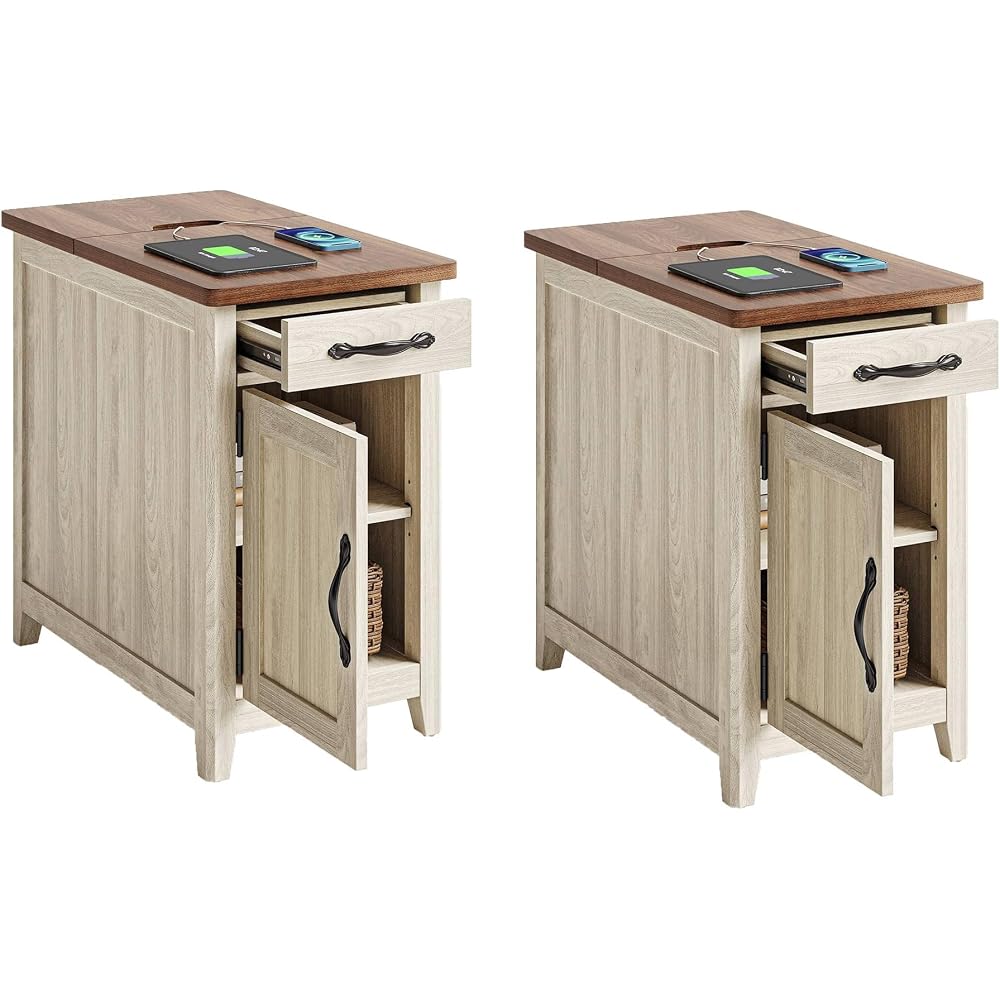 LINSY HOME Set of 2 Charging End Tables with USB, Wooden Door, Washed Grey