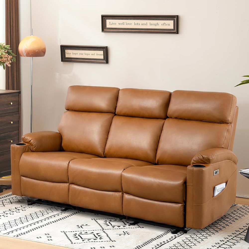 Power Reclining Sofa, 3-Seat Dual Electric Recliner Couch, Brown