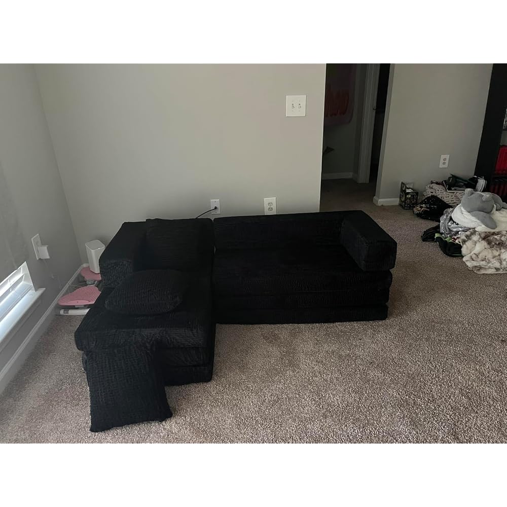 Boneless Couch, L Shaped Couch with Chaise, 5-in-1 Comfy Corduroy Fluffy Sofas, Mini Flexible Module Combination Compact Room Couch, No Assembly, Black