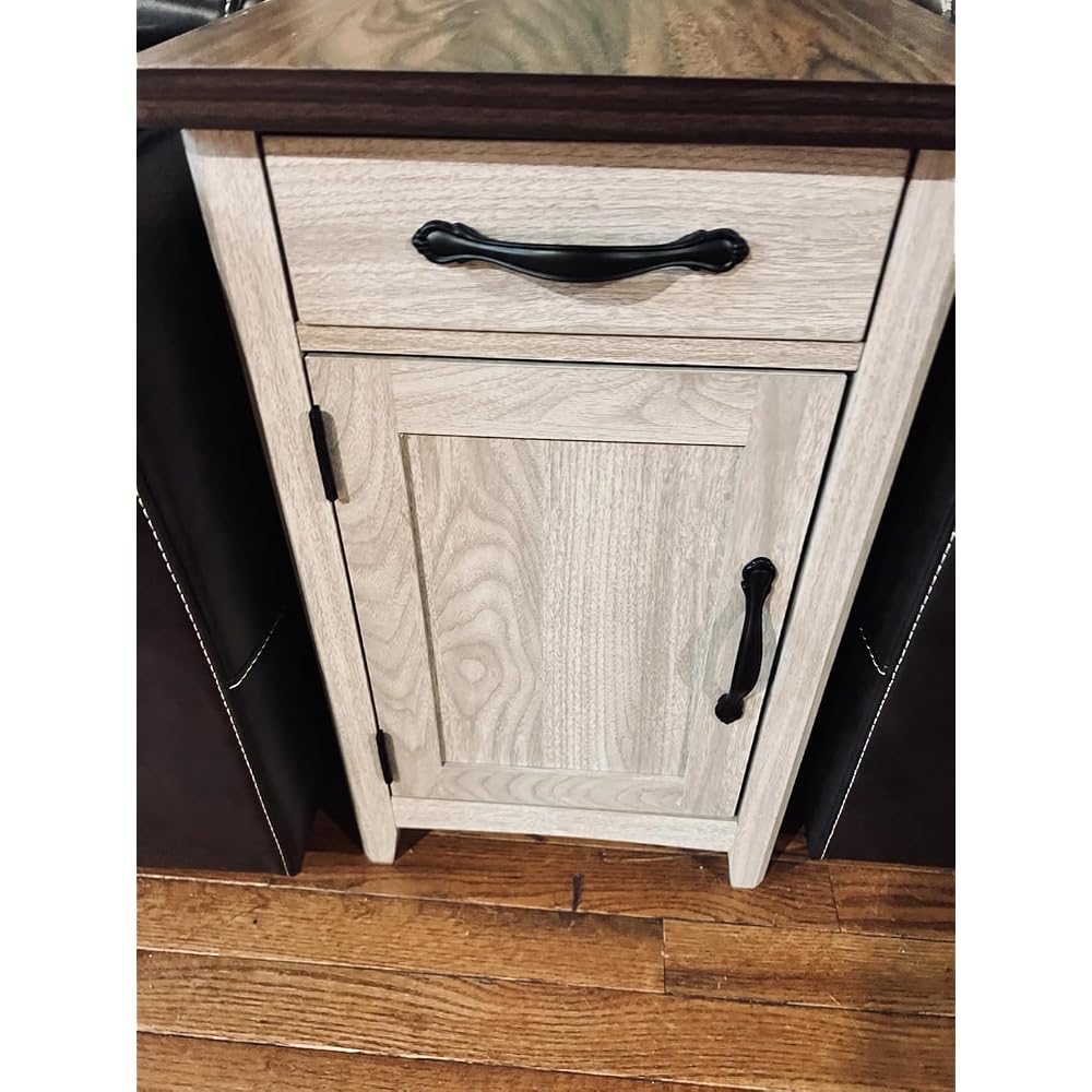 LINSY HOME Set of 2 Charging End Tables with USB, Wooden Door, Washed Grey