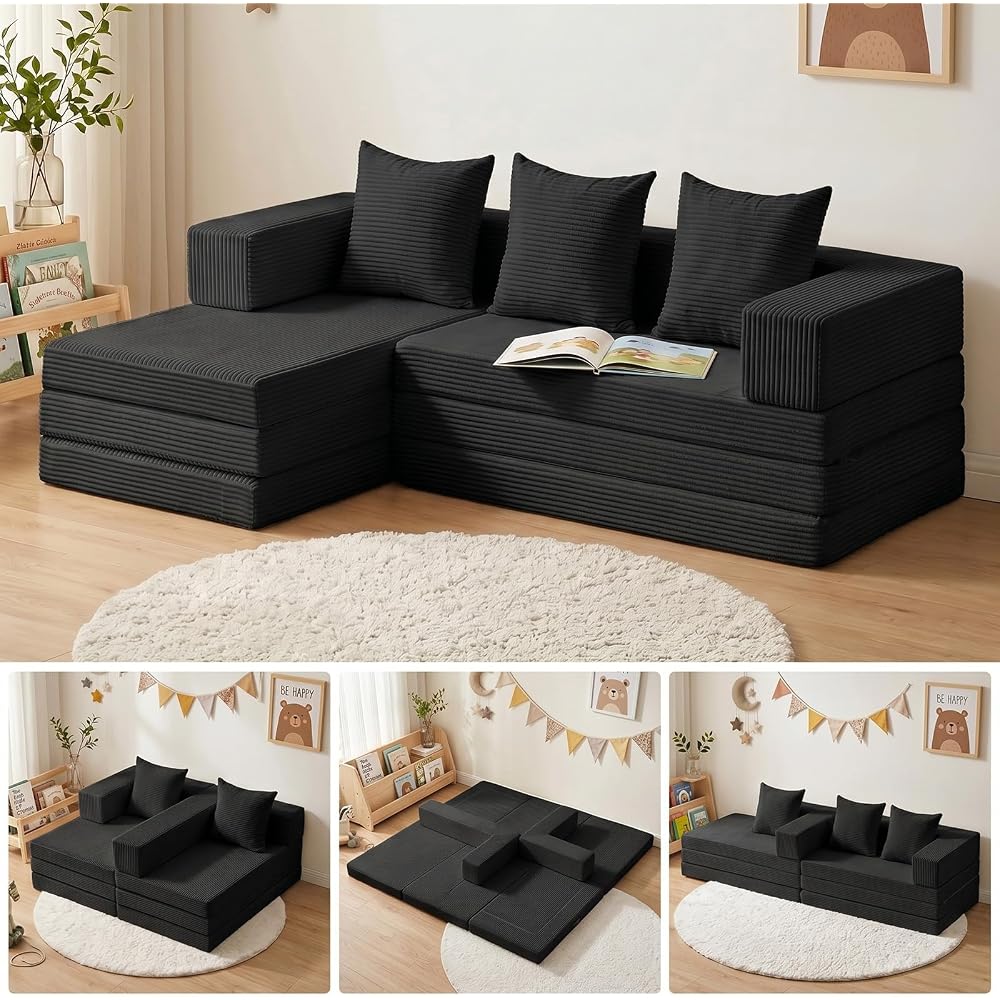 Boneless Couch, L Shaped Couch with Chaise, 5-in-1 Comfy Corduroy Fluffy Sofas, Mini Flexible Module Combination Compact Room Couch, No Assembly, Black