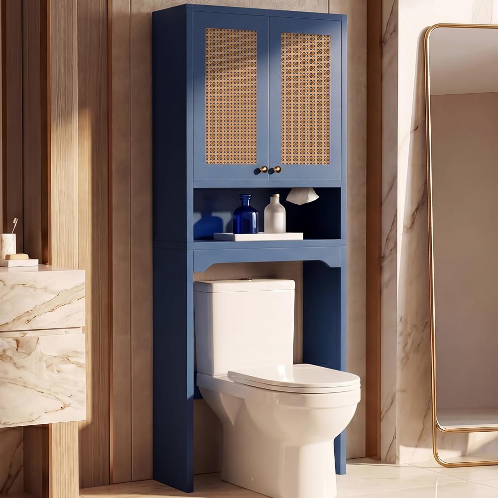 Over the Toilet Storage Cabinet with Doors, Rattan Bathroom Cabinet, White
