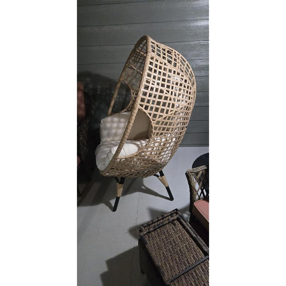 Oversized Wicker Egg-Chair Outdoor Indoor Rattan Patio Egg Lounge Chairs with Cushion 500lbs Capacity for Living Room, Balcony, Backyard(Beige)