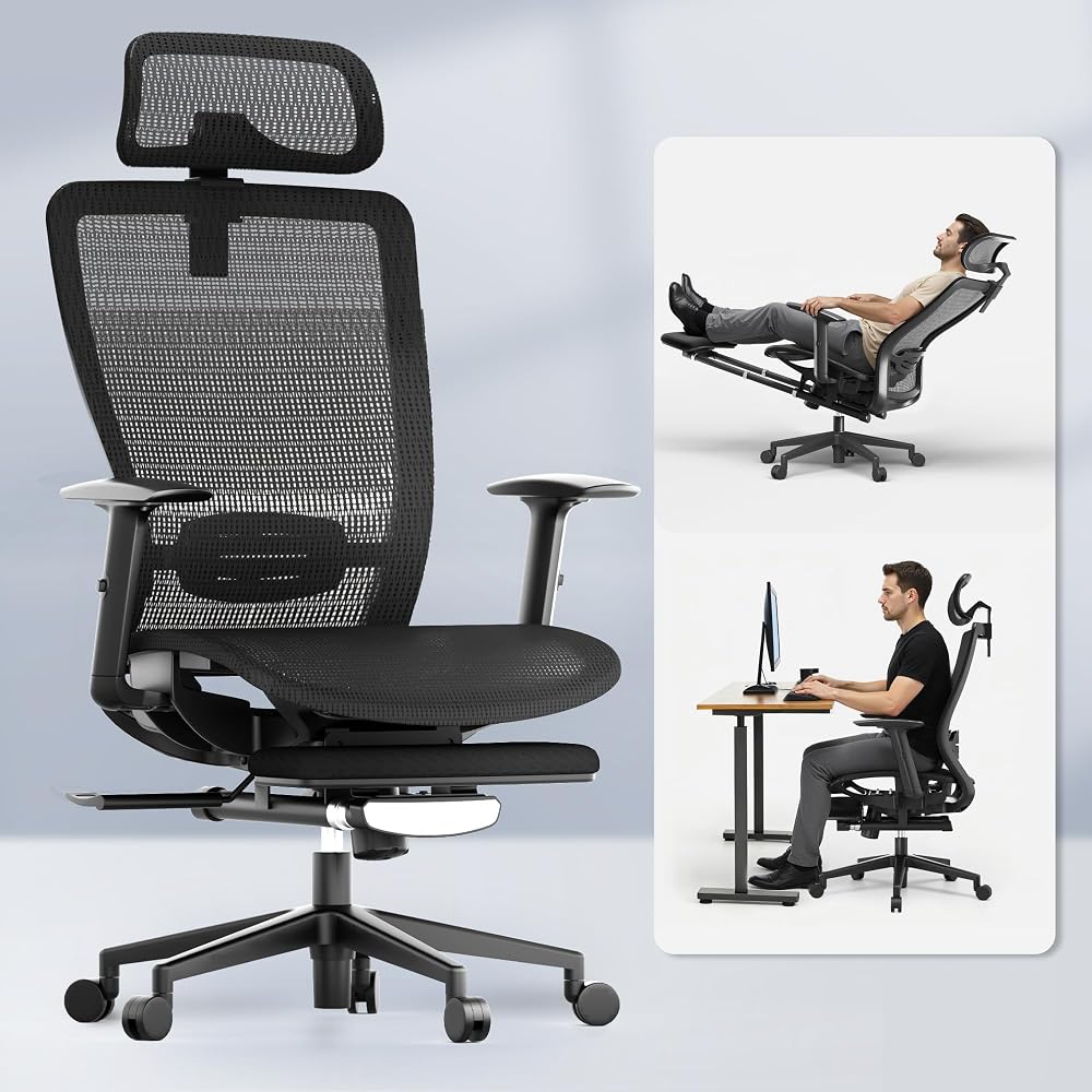 FLEXISPOT OC3 Ergo Office Chair with Footrest, One-Piece Back, MS Black