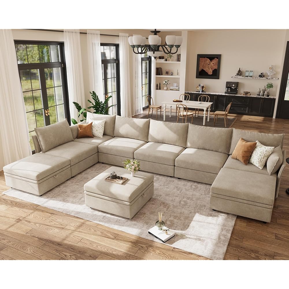 ABCASA 166.6" Oversized Modular Sectional Sofa, Large 9 Seater L Shaped Couch with Storage Ottoman with Reversible Chaise Deep Seat for Living Room, Apartment - Beige Chenille