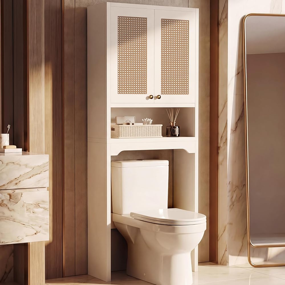Over the Toilet Storage Cabinet with Doors, Rattan Bathroom Cabinet, White