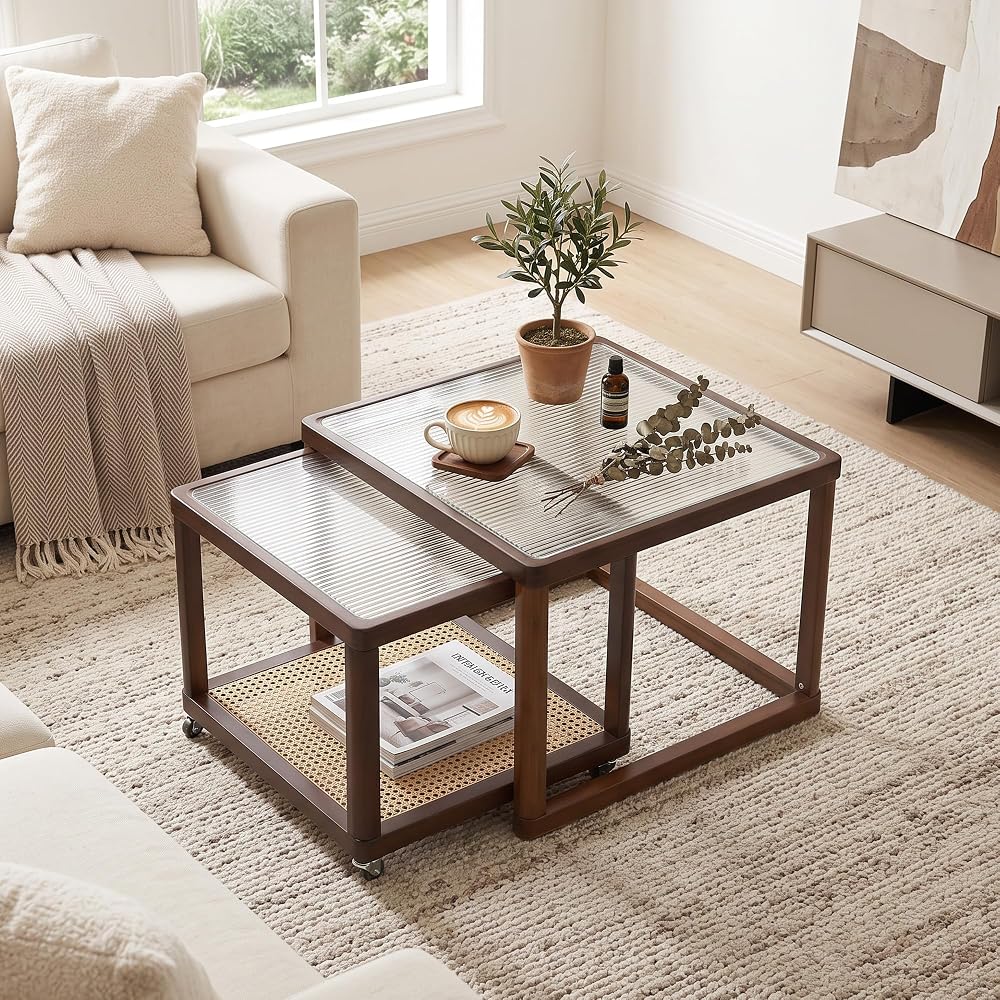 Nesting Coffee Table Set of 2, Mid-Century Modern Bamboo End Tables, Walnut